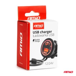 Charger with USB-C and USB sockets on red background